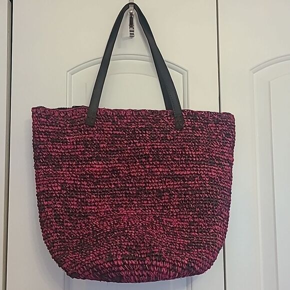 Pink and Black Woven Tote Bag Leather Handles Zip Closure - Picture 1 of 13